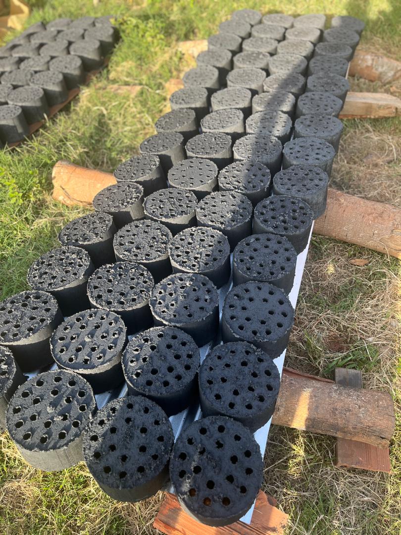 Honeycomb briquettes in rows on outdoor drying boards