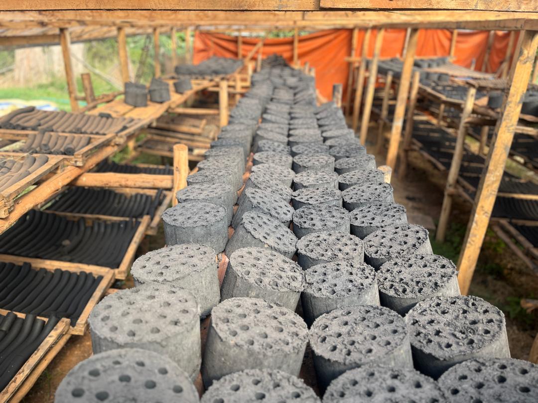 Green Flame production facility — briquettes on wooden shelf racks